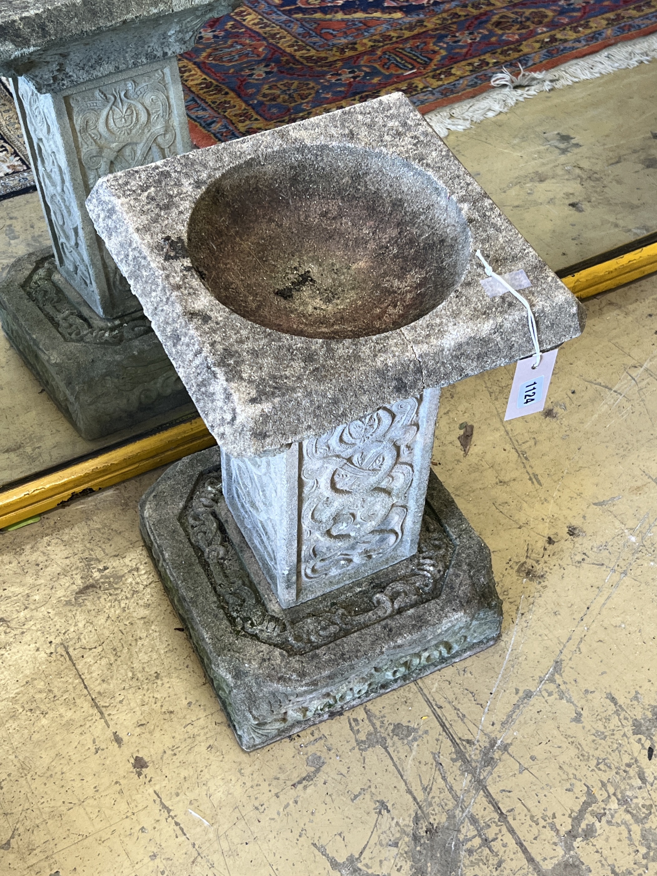 A square reconstituted stone garden bird bath, width 32cm, height 52cm